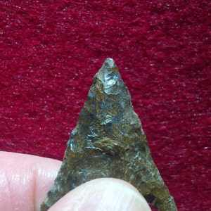 May include: A dark brown arrowhead with a pointed tip and a rough, textured surface.