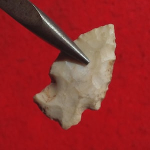 May include: A small, off-white, translucent stone arrowhead with a chipped, serrated edge texture. The arrowhead is held by a metallic tool, displaying a pointed tip and a notched base, showcasing natural mineral variations and sharp edges.