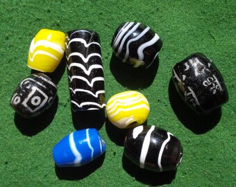 8 LARGE TRADE BEADS Including 6 Venetian Feather Beads Aka Combed Beads and 2 Black Trade Beads with White Designs Bead Sizes 7/8"- 1-5/8"