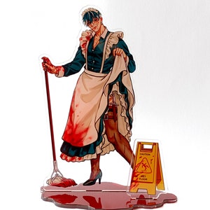 May include: An acrylic standee featuring a character in a maid outfit, holding a mop and a cloth, with blood splatters. A caution sign for a wet floor is also included. The character has blue hair and is wearing glasses.
