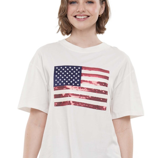 Red Flag Star Sequin Patch Top Slouchy Sleeve main image 1