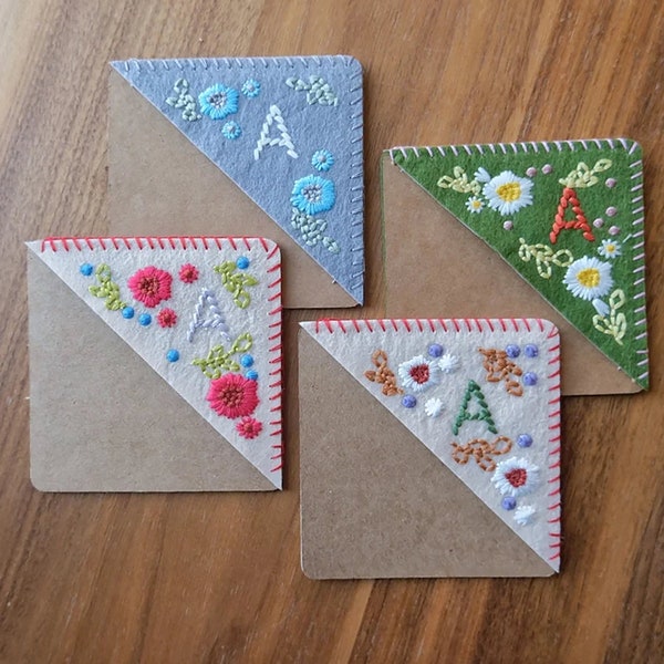 Personalized Embroidered Corner Bookmark, Felt Triangle Page Marker, Stitched Corner Handmade Bookmark