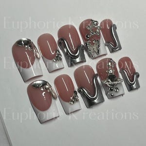 Chrome white French tips|silver chrome design| diamond nail set| handmade press on nails