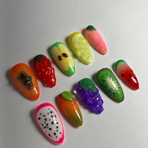 Fruit nails|press on nails|colorful nails |fruit theme|hand-made press on nails