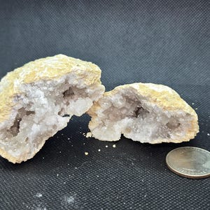 May include: Two halves of a geode with a white crystal interior and a tan exterior. The geode is about the size of a US quarter.