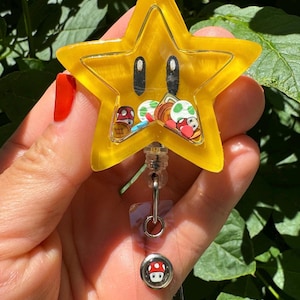 Power up star Mario inspired shaker Badge reel