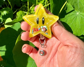 Power up star Mario inspired shaker Badge reel