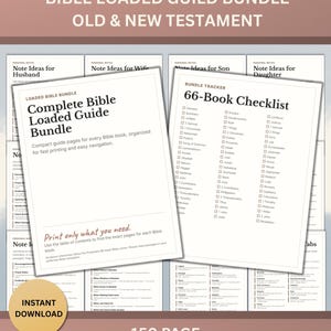 May include: A digital download bundle titled "Bible Loaded Guild Bundle" with "Old & New Testament" text. Includes printable guides, checklists, and note pages for Bible study. Features the text "Complete Bible Loaded Guide Bundle" and "66-Book Checklist". Includes the text "Instant Download" and "150 Page".