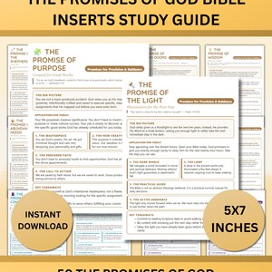 May include: A set of Bible study guide inserts titled "The Promises of God," featuring text and graphics. Includes a circular label that reads "5x7 inches." The words "Instant Download" are also visible.