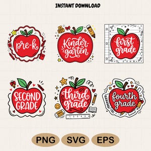 Könnte beinhalten: Ein Set aus sechs digitalen Illustrationen mit roten Äpfeln und grünen Blättern, die jeweils mit Klassenstufen von der Vorschule bis zur vierten Klasse beschriftet sind. Die Designs enthalten Schulmaterialien und den Text INSTANT DOWNLOAD.