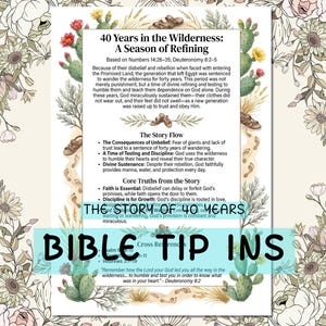 May include: A decorative Bible study print with the text "40 Years in the Wilderness: A Season of Refining." The print includes text, illustrations of cacti, and floral elements. The words "Bible Tip Ins" are also displayed.