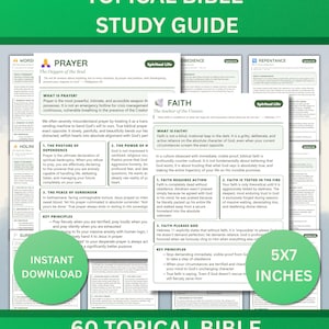 Könnte beinhalten: Ein gedruckter Studienführer mit dem Titel "Topical Bible Study Guide" mit den Texten "Prayer", "Faith", "Obedience" und "Repentance". Der Führer ist 12,7 x 17,8 cm groß und enthält die Worte "Instant Download".