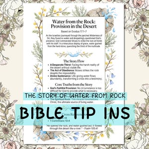 Może przedstawiać: Dekoracyjny wydruk do studiowania Biblii z tekstem "Water from the Rock: Provision in the Desert". Projekt zawiera elementy kwiatowe i przedstawienie wody wypływającej ze skały. Zawiera wersety biblijne.
