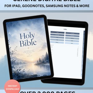 Könnte beinhalten: Zwei digitale Tablets, die eine digitale Bibel anzeigen. Das erste Tablet zeigt das Cover mit den Worten "Holy Bible" und einer Landschaftsszene. Das zweite Tablet zeigt eine Indexseite. Der Text oben lautet "SERENE DIGITAL BIBLE". Unten steht "OVER 2,000 PAGES".
