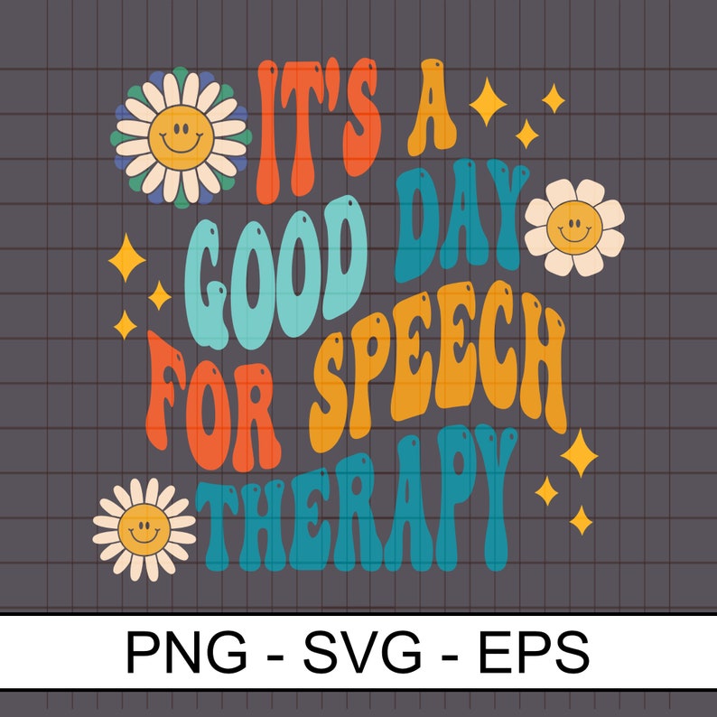Pu&ograve; includere: Grafica "&Egrave; un buon giorno per la terapia del linguaggio" con un font in stile retr&ograve; anni '70 e fiori colorati. Il testo &egrave; in arancione, blu e rosso.