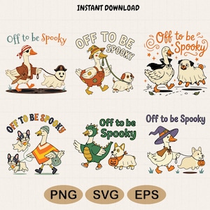 May include: A digital graphic set featuring six illustrations of geese and dogs in Halloween costumes with the text Off to be Spooky. The designs include a pirate goose, a scarecrow goose, a vampire goose, and other seasonal character themes.