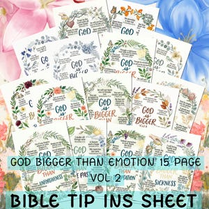 Peut inclure: Un ensemble de 15 fiches de conseils bibliques avec des motifs de couronnes florales et des citations inspirantes. Les fiches présentent le texte "GOD IS BIGGER THAN EMOTION" et "BIBLE TIP INS SHEET". La palette de couleurs comprend le blanc, le vert et diverses couleurs florales.
