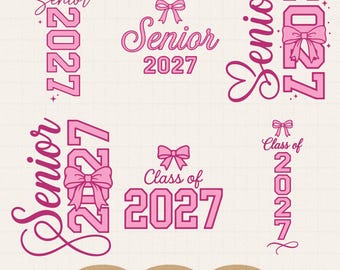 SVG de lazo coqueto para la promoción de 2027, PNG de cinta rosa de la clase de 2027, sublimación para estudiantes de último año de secundaria, descarga digital de graduación