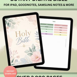 May include: Two digital tablets displaying a digital Bible. One tablet shows the cover with floral designs and the words "Holy Bible." The other tablet displays an index. Text reads "Botany Digital Bible" and "Over 2,000 Pages."