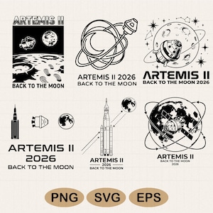Artemis II Back to the Moon 2026 raketlancering SVG PNG-bundel, Future Moon Mission digitale download voor Cricut