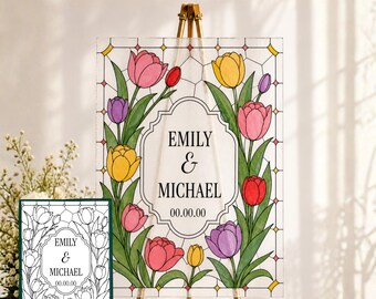 Plantilla de letrero de bienvenida con efecto vidriera de tulipán, lienzo acrílico para trazar DIY para bodas en praderas, número de mesa gratuito T039