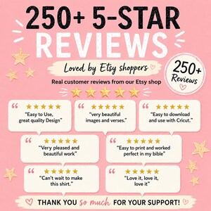 以下が含まれることがあります： ピンク色のグラフィックで、「250+ 5-STAR REVIEWS」と「Loved by Etsy shoppers」の文字が入っています。顧客レビューと星評価、そして「THANK YOU so much FOR YOUR SUPPORT!」というフレーズが含まれています。