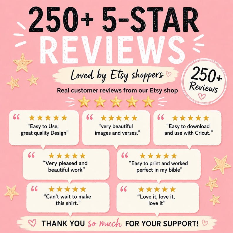 以下が含まれることがあります： ピンク色のグラフィックで、「250+ 5-STAR REVIEWS」と「Loved by Etsy shoppers」の文字が入っています。顧客レビューと星評価、そして「THANK YOU so much FOR YOUR SUPPORT!」というフレーズが含まれています。