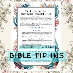 May include: A decorative print with the text "The Red Sea Crossing: Deliverance Through the Deep" and "Bible Tip Ins." The print features illustrations of waves, coral, and seashells, with text detailing the story from Exodus 14.