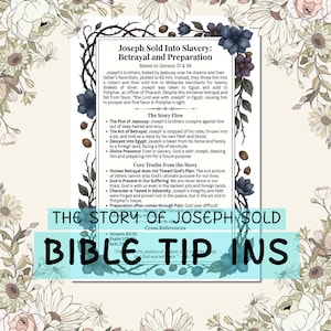 Può includere: Una stampa decorativa con accenti floreali e il testo "Joseph Sold Into Slavery: Betrayal and Preparation". La stampa descrive la storia di Giuseppe da Genesi 37 e 39, inclusi eventi chiave e verità fondamentali.