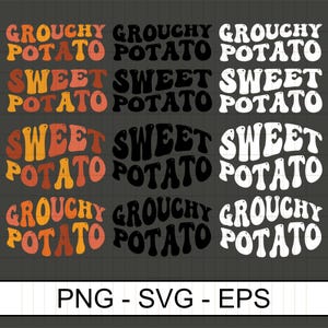 Może przedstawiać: Projekt graficzny z napisami "Grouchy Potato" i "Sweet Potato" w różnych kolorach i stylach. Projekt zawiera pomarańczowy, czarny i biały tekst na ciemnoszarym tle. Na dole obrazu widnieje napis "PNG - SVG - EPS".