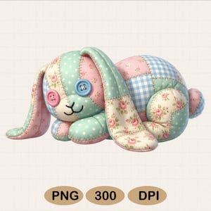 May include: A plush bunny toy in a patchwork design. The bunny features pink, blue, and white fabrics with floral and polka dot patterns. It has button eyes and a stitched mouth. The image also includes the text "PNG 300 DPI".