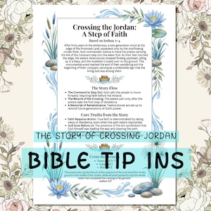 Może przedstawiać: Dekoracyjny wydruk do studiowania Biblii z kwiatowymi akcentami. Tekst brzmi "Crossing the Jordan: A Step of Faith" ze szczegółami historii i wersetami biblijnymi. Wyświetlane są również słowa "Bible Tip Ins".