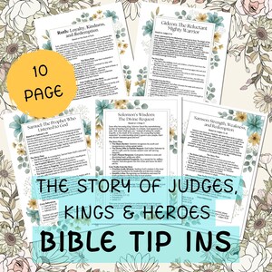 May include: A collection of 10-page Bible Tip Ins with floral borders. The pages feature text about biblical figures like Ruth, Gideon, Samuel, Solomon, and Samson. The title "The Story of Judges, Kings & Heroes" is displayed prominently.