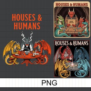 May include: Four fantasy illustrations featuring dragons, with the text "HOUSES & HUMANS" in orange. The images depict dragons playing games, with various colour schemes and settings. One image shows a dragon wearing a "HOUSE MASTER" apron.