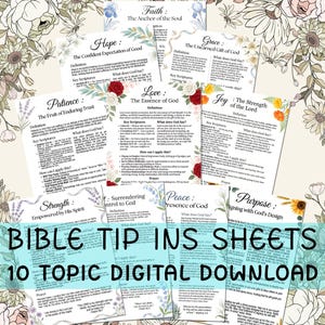 Bible Study Tip Ins – Topical Scripture Sheets Bundle Printable Png PDF,Christian Journal Supplies, Entire Bible Book Summary