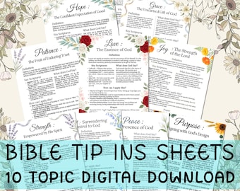 Bible Study Tip Ins – Topical Scripture Sheets Bundle Printable Png PDF,Christian Journal Supplies, Entire Bible Book Summary