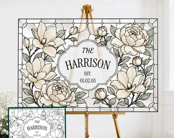 Plantilla de letrero de boda con efecto vitral de magnolia y peonía, recuerdo personalizado con apellido, letrero acrílico editable para manualidades en Canva, descarga digital T036