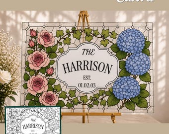 Plantilla de letrero de boda con diseño de hortensia rosa en vidriera sintética, recuerdo personalizado con apellido, letrero acrílico editable para manualidades en Canva, descarga digital T040