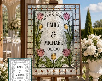 Letrero de bienvenida para bodas con diseño de tulipanes en vidriera sintética, nombre personalizado, plantilla editable de Canva, decoración DIY, descarga digital W012