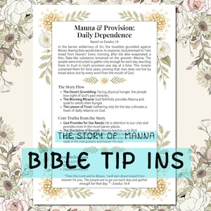 Może przedstawiać: Wydrukowany przewodnik do studiowania Biblii zatytułowany "Manna & Provision: Daily Dependence" z kwiatową obwódką. Przewodnik zawiera tekst o historii manny z Księgi Wyjścia 16, podstawowych prawdach i odniesieniach biblijnych. Widoczne są również słowa "BIBLE TIP INS".