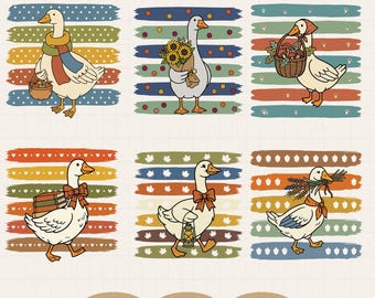 Cottagecore randig whimsy goose svg png, höstanka, vintage höstbondgård, nyckfull höstprickig, digital nedladdning