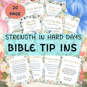Könnte beinhalten: Ein 20-seitiges Set von Bibel-Tip-Ins mit floralen Rändern in Blau, Rosa und Grün. Jede Karte zeigt inspirierende Texte und Bibelstellen wie The Lord Will Fight, Strong and Courageous und God Is My Refuge, mit dem Titel Strength in Hard Days Bible Tip Ins.
