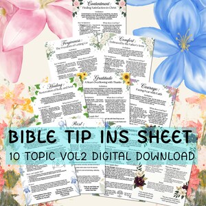 May include: A digital download featuring Bible tip sheets on ten topics, including contentment, forgiveness, and gratitude. Each sheet has floral accents and text. The title "BIBLE TIP INS SHEET" is prominently displayed.