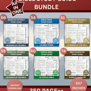 May include: A bundle of Bible study guides, featuring six different topics: Books of the Bible, Bible Theme, Women of the Bible, Events of the Bible, Topical Bible, and Bible Character. Each guide is 5x7 inches and available as an instant download.