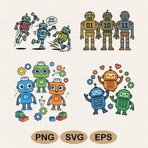 Pode incluir: Ilustrações de robôs coloridos em várias poses. Alguns robôs têm ferramentas, outros engrenagens e corações. Cada robô tem um número no corpo, como "01", "10" e "11". A imagem também inclui os textos "PNG", "SVG" e "EPS".
