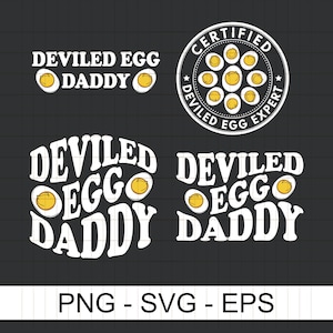 Può includere: Grafica nera con testo bianco e illustrazioni di uova alla diavola. Il testo include "Deviled Egg Daddy" in vari design e un badge "Certified Deviled Egg Expert". La parte inferiore della grafica recita "PNG - SVG - EPS".