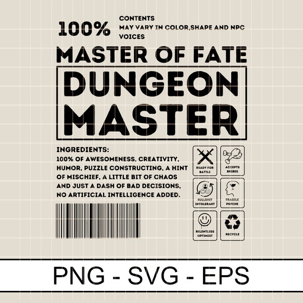 Master of Fate Dungeon Master Ingredients Svg Png Eps , RPG Gamer ,D20 board game,Rpg tabletop Digital File Sublimation for Shirt,Sweatshirt