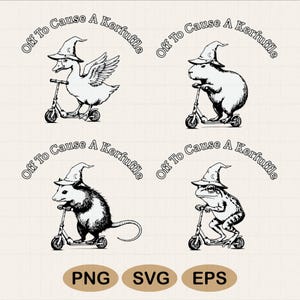 Puede incluir: Ilustración en blanco y negro con cuatro animales: un pato, un carpincho, una zarigüeya y una rana, cada uno montado en un patinete y con un sombrero de mago. La frase "Off To Cause A Kerfuffle" está escrita alrededor de cada imagen. También incluye el texto "PNG SVG EPS".