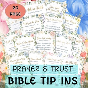 May include: A collection of 20 pages of Bible tip-ins featuring floral borders and religious text. Each page includes phrases like Ask in Faith, Trust With All Your Heart, and Pray Without Ceasing, with scriptural references printed in gold and black ink.