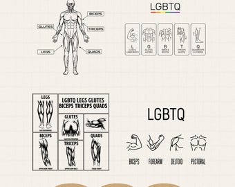 LGBTQ Nogi Pośladki Bicepsy Tricepsy Czwórki SVG PNG, Zabawny projekt koszulki z akronimem siłowni, Retro Pride Fitness Trening Cyfrowy do Pobrania